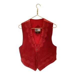 VTG Mona Mode Red Suede Leather Lace Trim Button Wester Vest SIze M